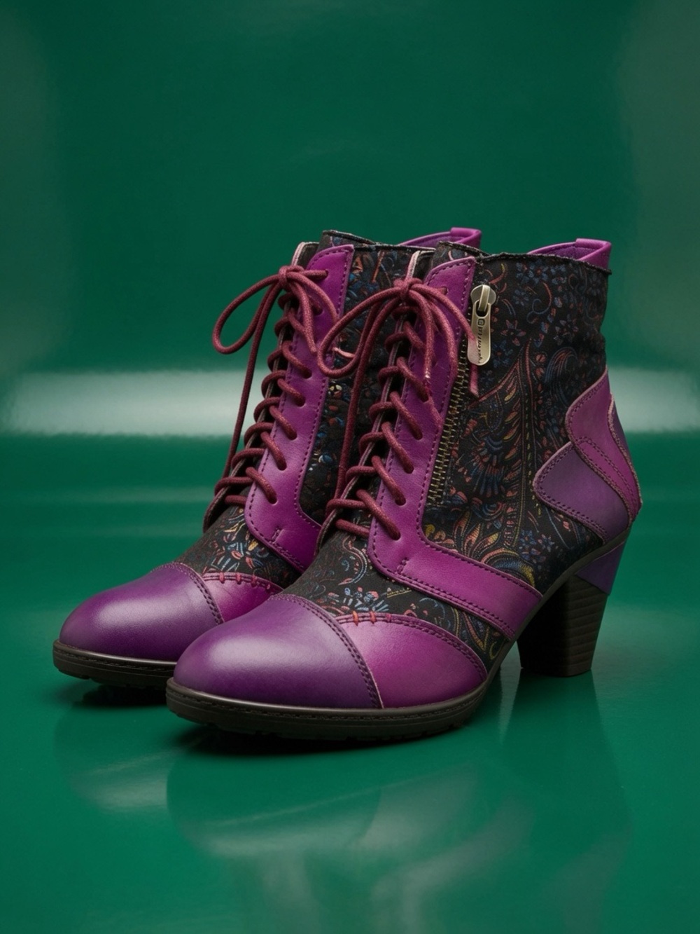 Metcandy Purple Lace-Up Ankle Boots with Patterned Panels